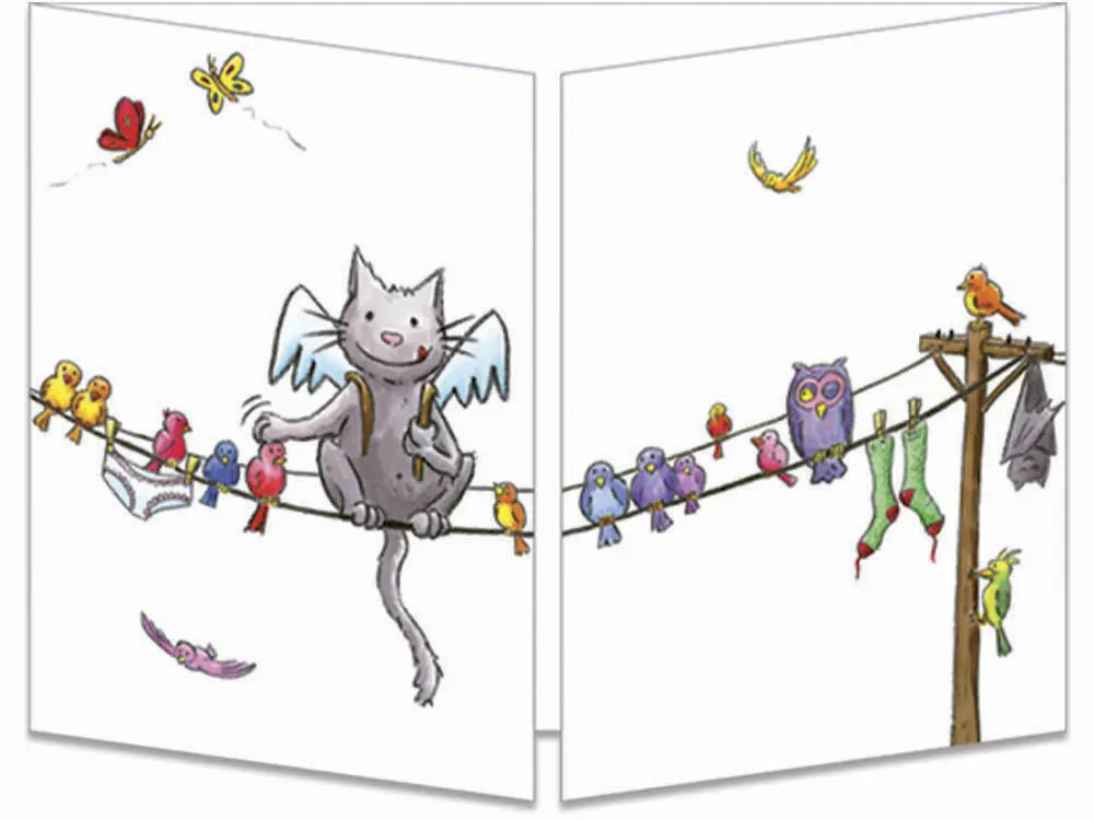 carte postale cache-cache ct289 le chat incognito sur le fil des oiseaux fermée
