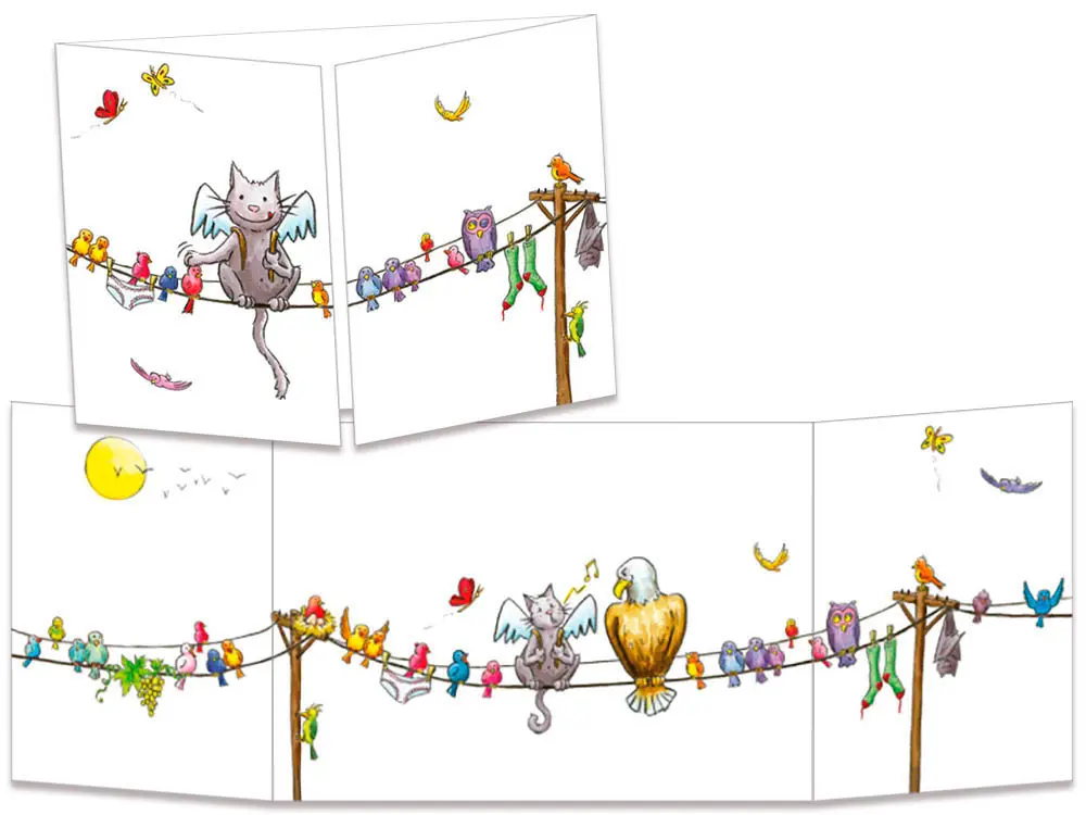 carte postale cache-cache ct289 le chat incognito sur le fil des oiseaux