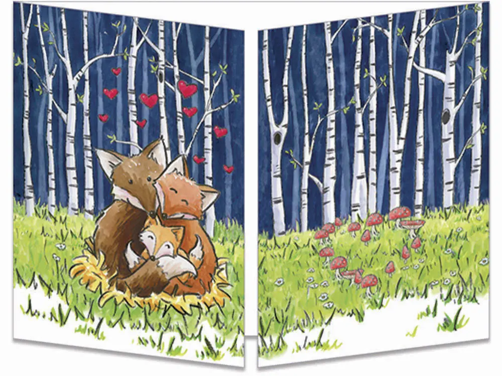 carte postale cache-cache ct314 Naissance du renardeau dans la forêt de bouleau fermée
