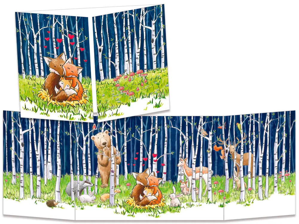 carte postale cache-cache ct314 Naissance du renardeau dans la forêt de bouleau