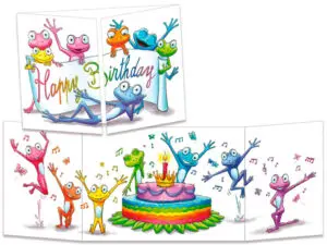 carte postale cache-cache ct327 l'anniversaire coloré des grenouilles