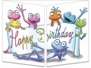 carte postale cache-cache ct327 l'anniversaire coloré des grenouilles fermée