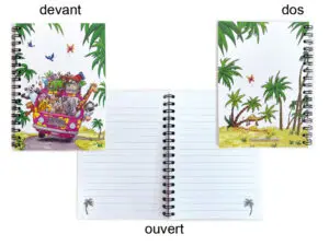 Carnet à spirale A6 dos et ouvert Le minibus des animaux
