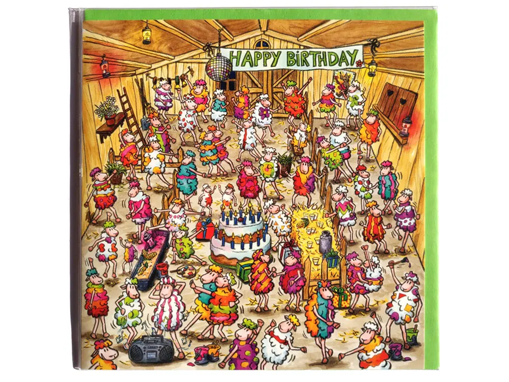 Carte postale d’anniversaire carré Les moutons en fête